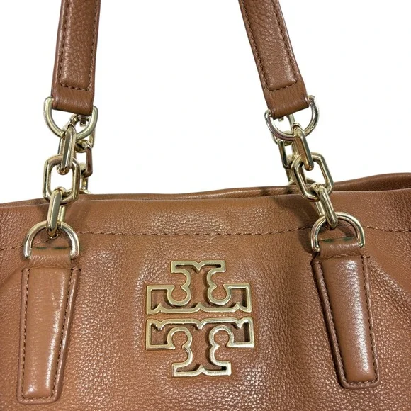 Tory Burch Amanda Classic Pebbled Leather Tote Bag Tan Brown Gold Logo - Picture 9 of 11